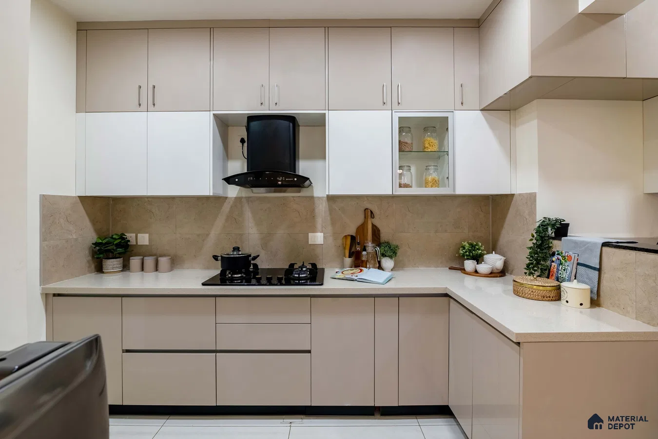 Modern dual tone kitchen with beige and white laminate cabinets and beige stone backsplash in Bengaluru | Material Depot