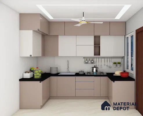 Modern dual tone kitchen with beige and white laminate cabinets and black granite countertop in Bengaluru | Material Depot