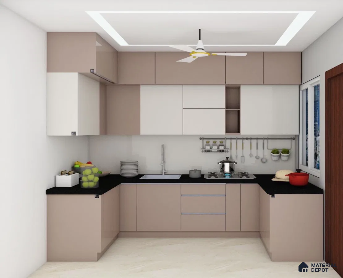 Modern dual tone kitchen with beige and white laminate cabinets and black granite countertop in Bengaluru | Material Depot