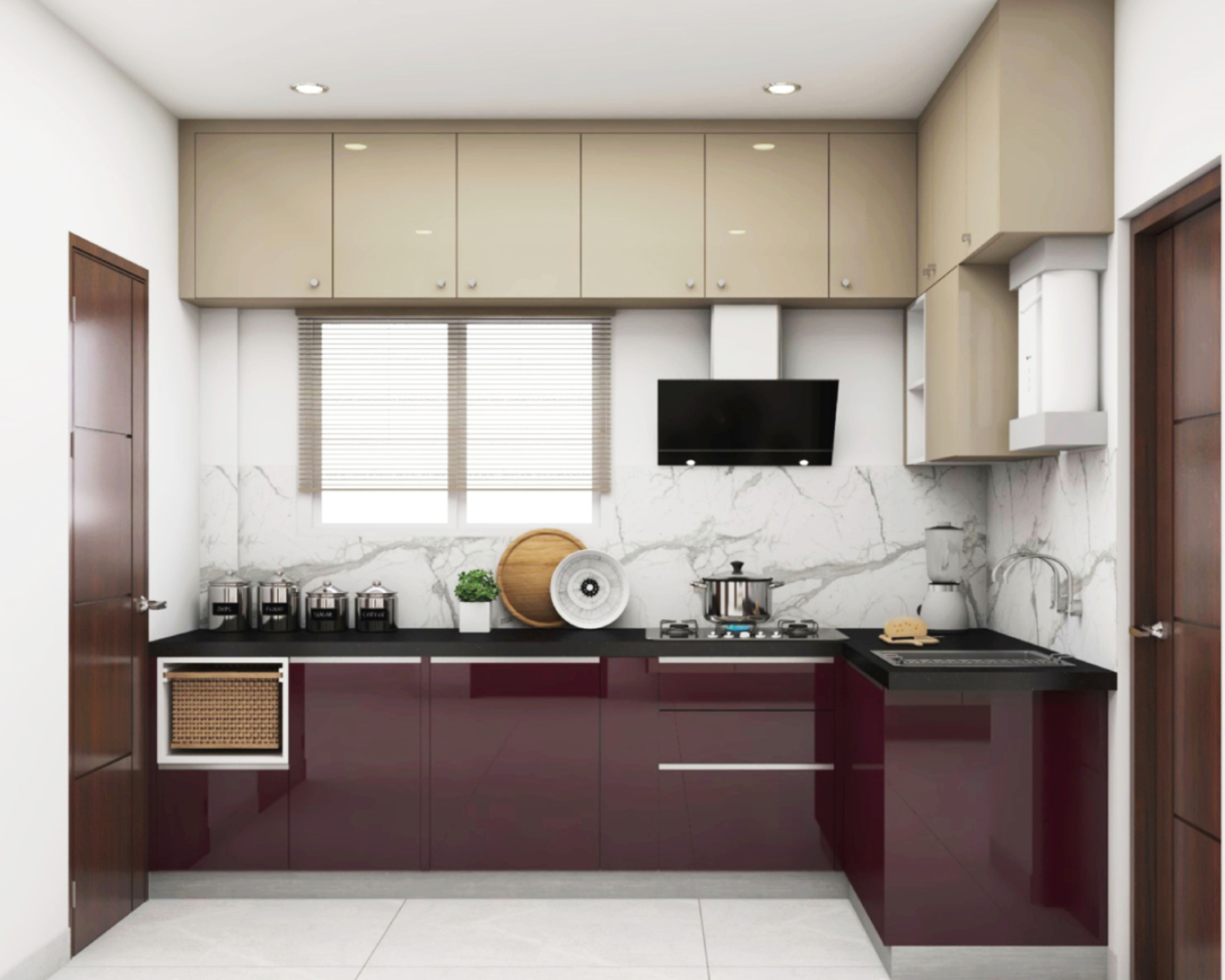 Modern dual tone kitchen with beige and wine high gloss laminate, marble-look backsplash, and black countertop in Bengaluru | Material Depot