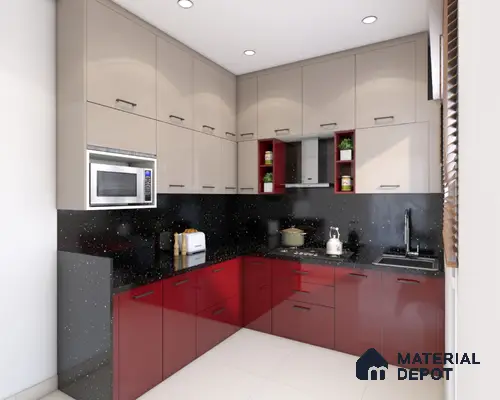 Modern dual tone kitchen with beige and wine red high gloss laminate, black quartz countertop and backsplash in Bengaluru | Material Depot