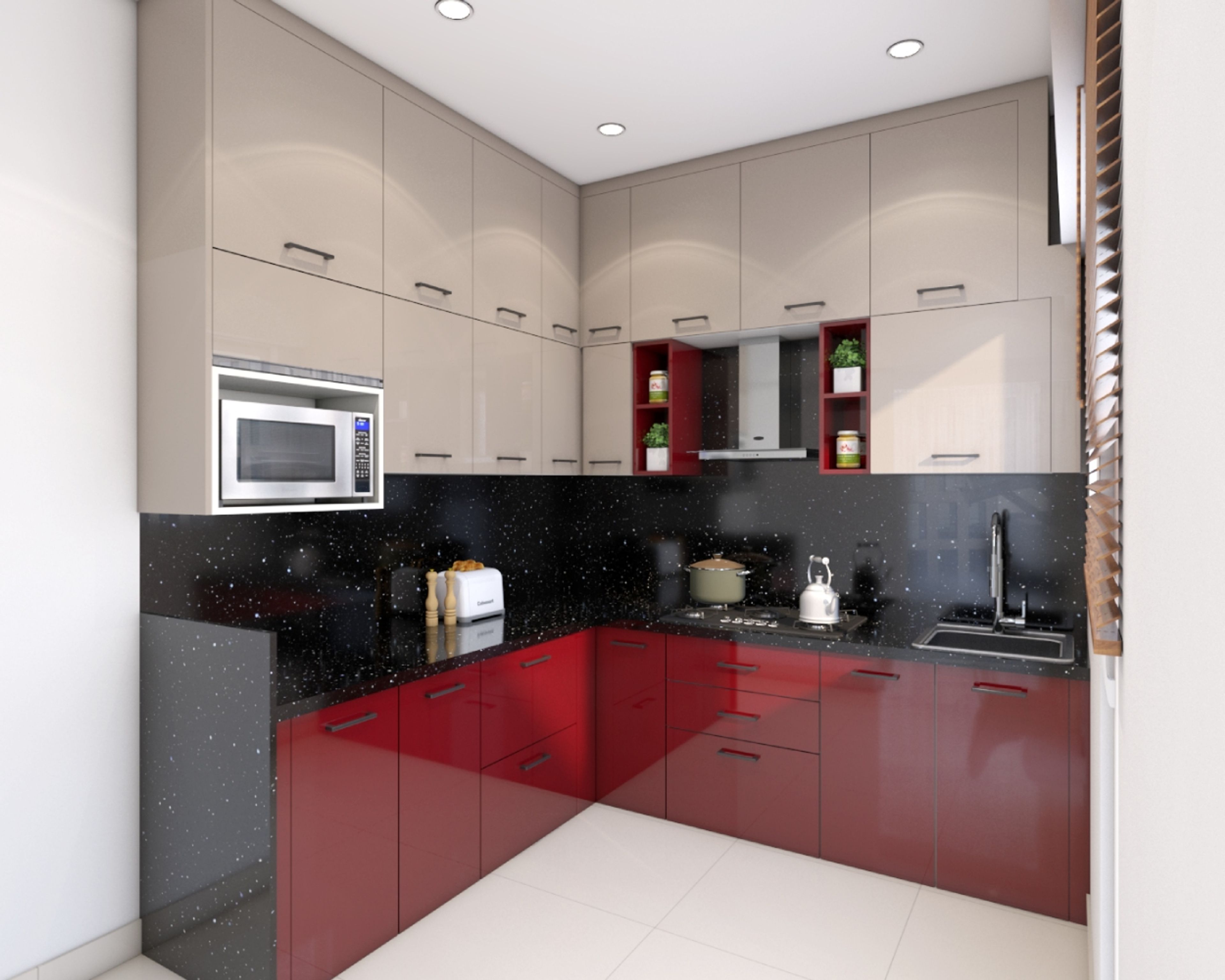 Modern dual tone kitchen with beige and wine red high gloss laminate, black quartz countertop and backsplash in Bengaluru | Material Depot