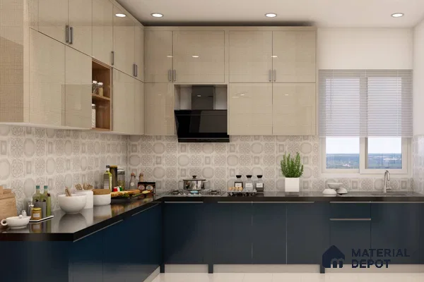Modern dual tone kitchen with beige high gloss laminate, navy blue matte laminate, and patterned backsplash tiles in Bengaluru | Material Depot