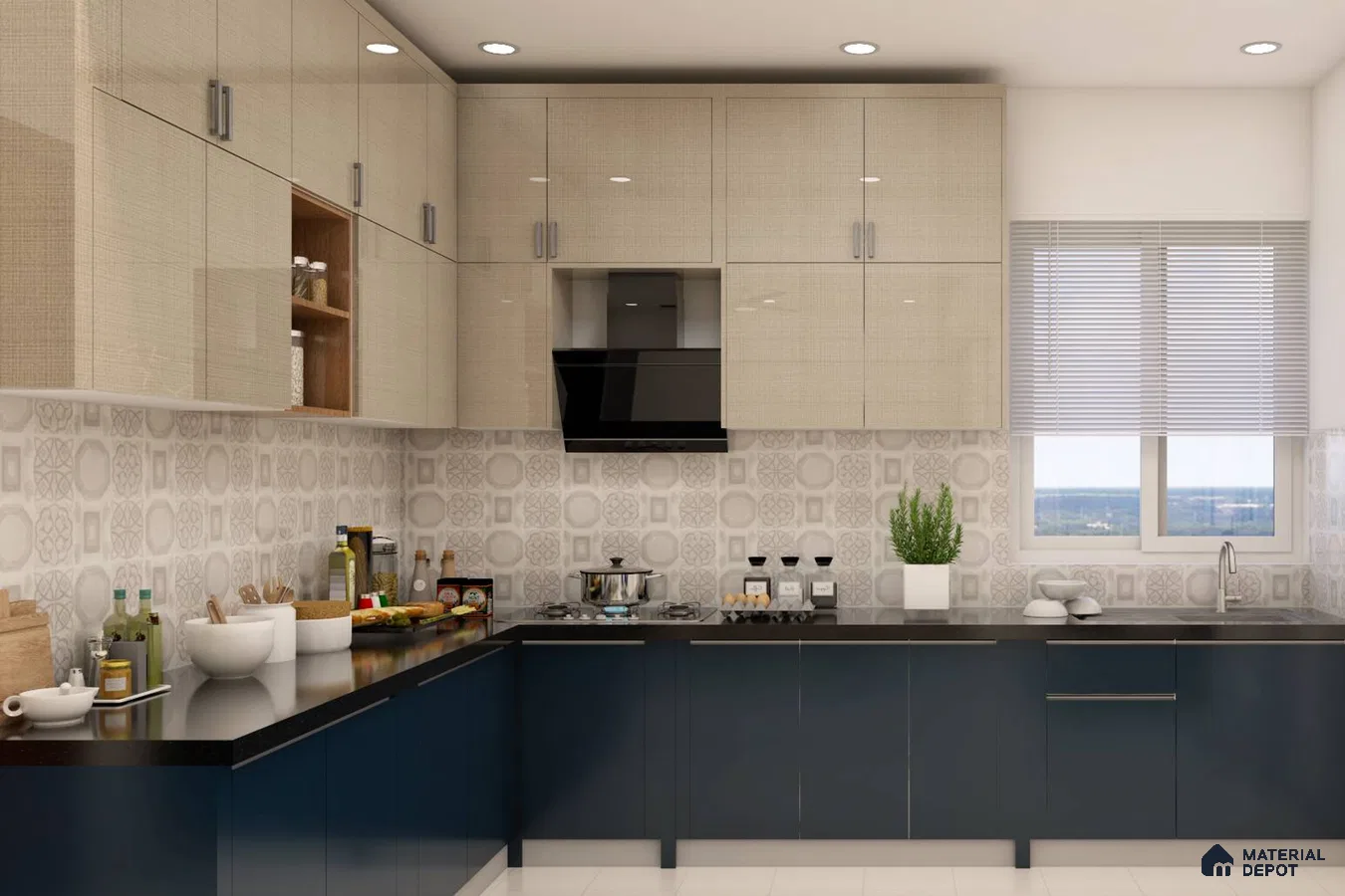 Modern dual tone kitchen with beige high gloss laminate, navy blue matte laminate, and patterned backsplash tiles in Bengaluru | Material Depot