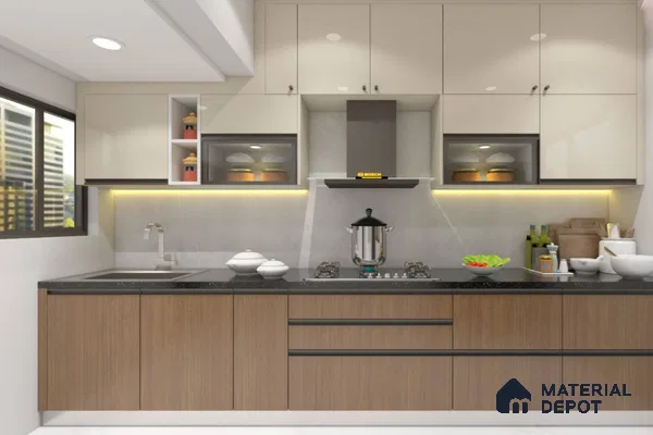 Modern dual tone kitchen with beige high gloss laminate, walnut wood laminate, and black quartz countertop in Bengaluru | Material Depot