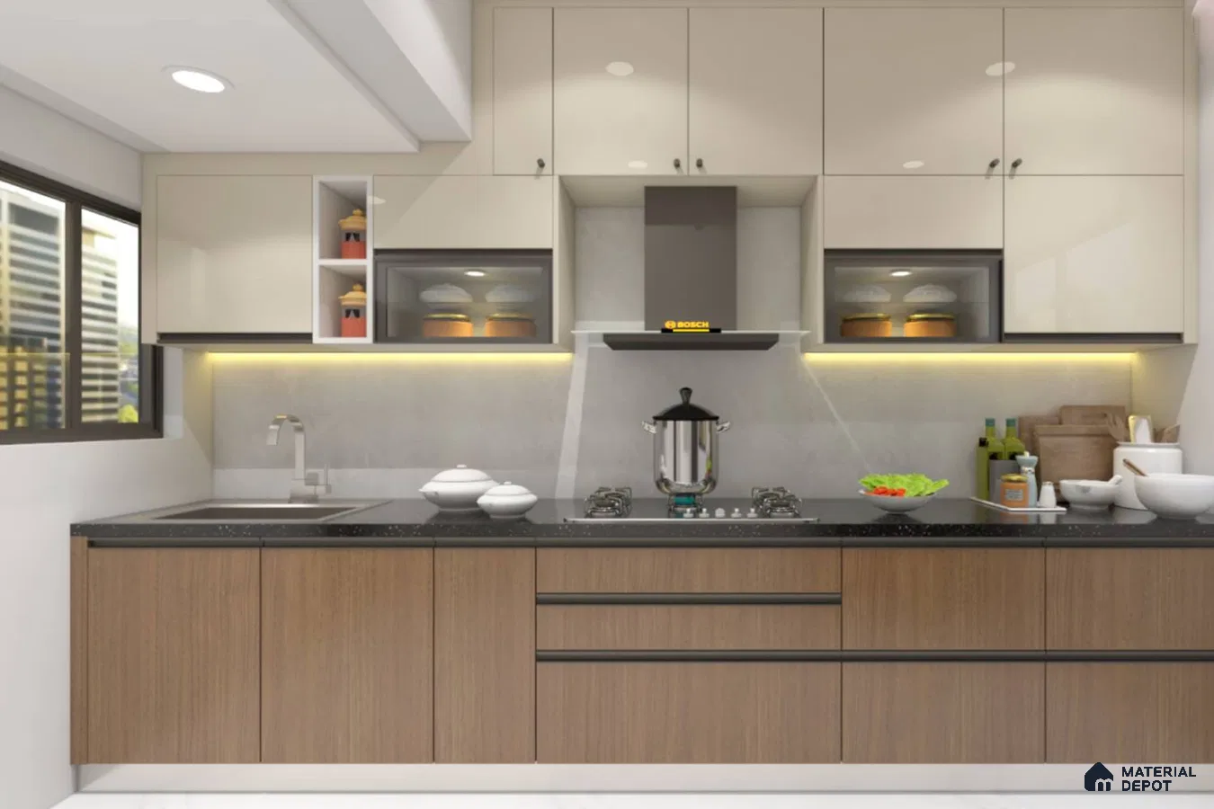 Modern dual tone kitchen with beige high gloss laminate, walnut wood laminate, and black quartz countertop in Bengaluru | Material Depot