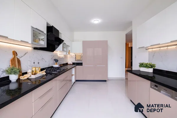 Modern dual tone kitchen with beige high gloss laminate, white laminate, black granite countertop, and marble backsplash in Bengaluru | Material Depot