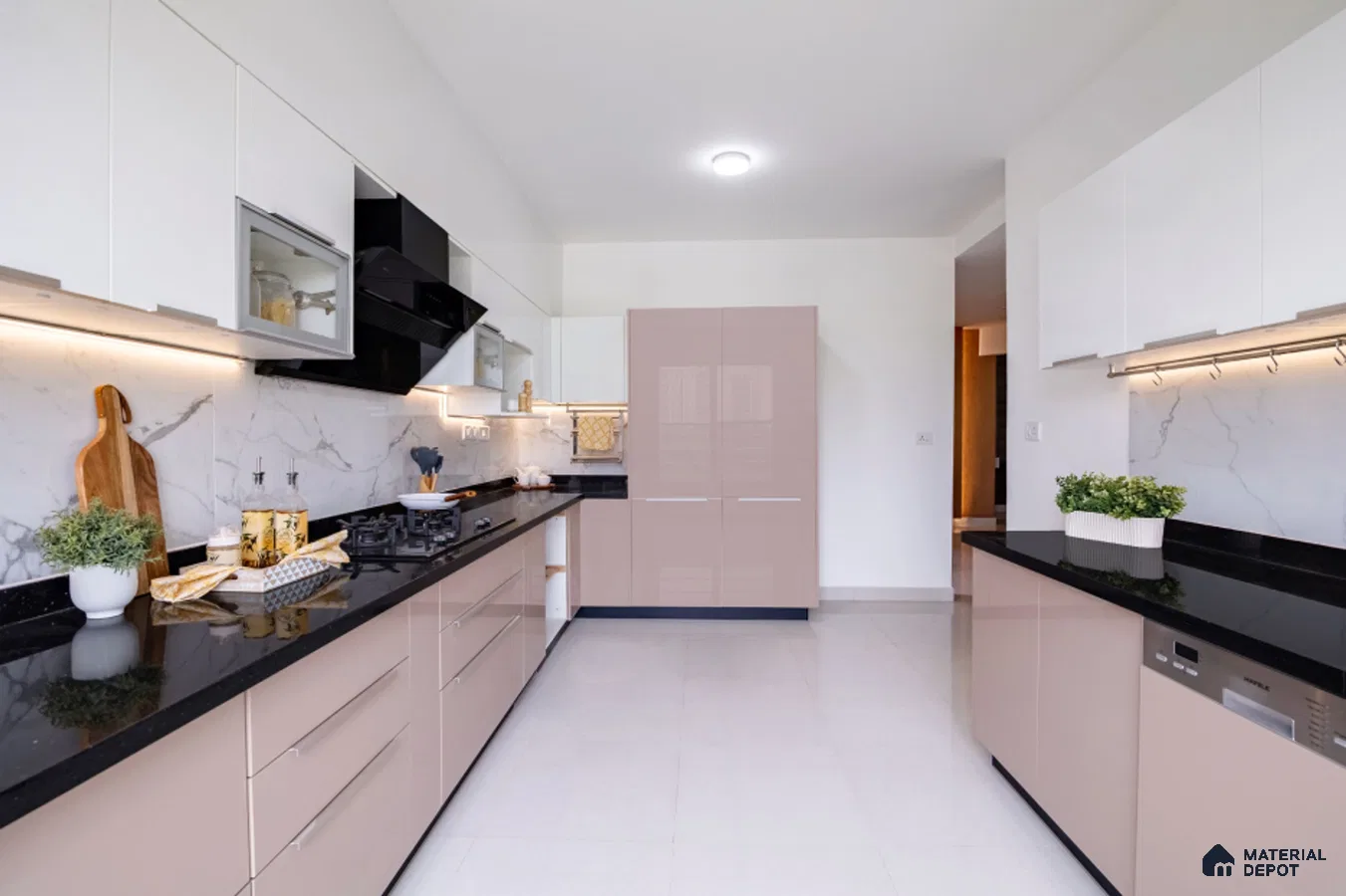 Modern dual tone kitchen with beige high gloss laminate, white laminate, black granite countertop, and marble backsplash in Bengaluru | Material Depot
