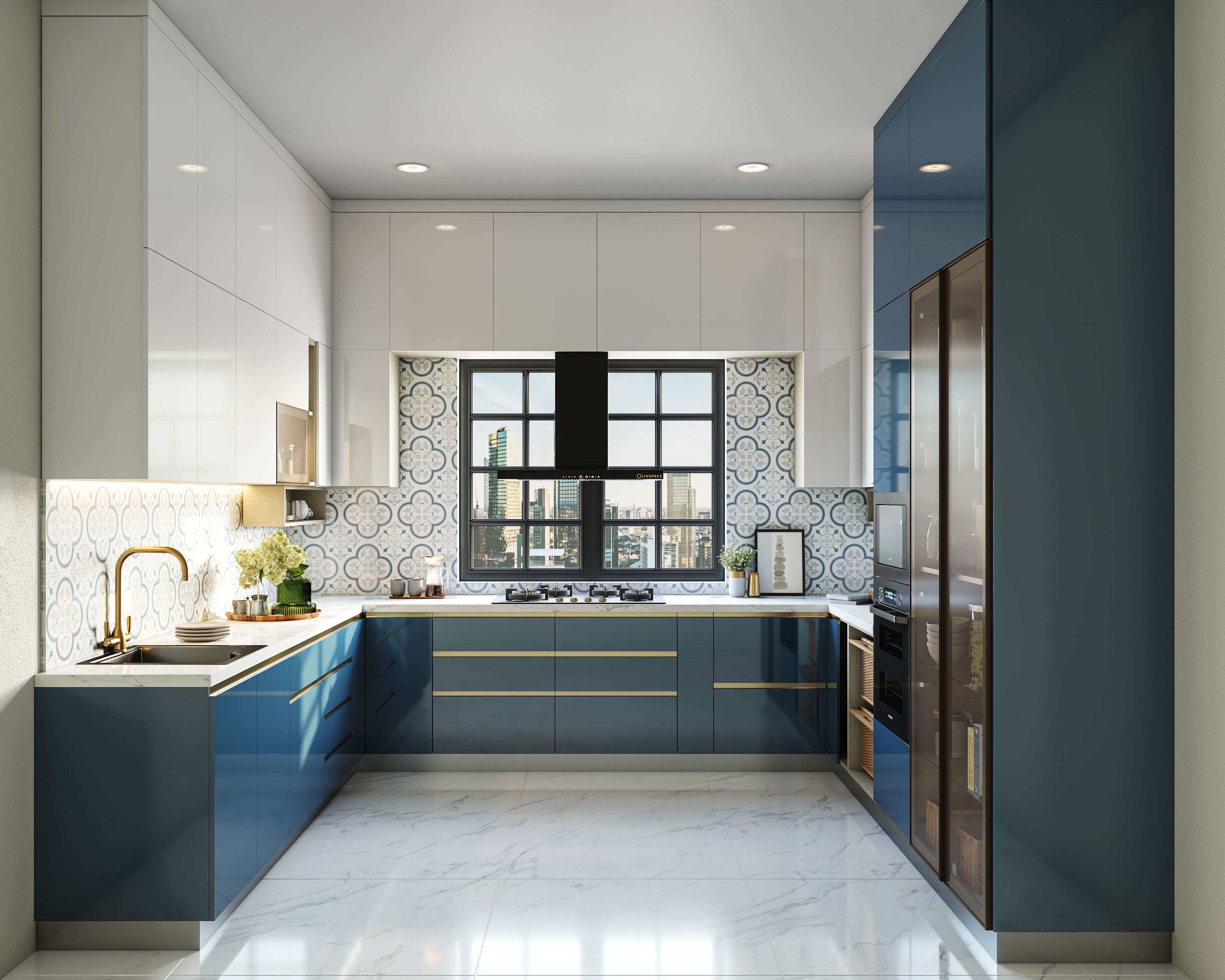 Modern dual tone kitchen with blue and frosty white high gloss laminate, patterned backsplash tile, and white marble floor tile in Bengaluru | Material Depot