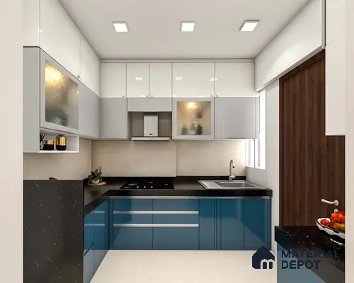 Modern dual tone kitchen with blue and white high gloss laminate and black quartz countertop in Bengaluru | Material Depot