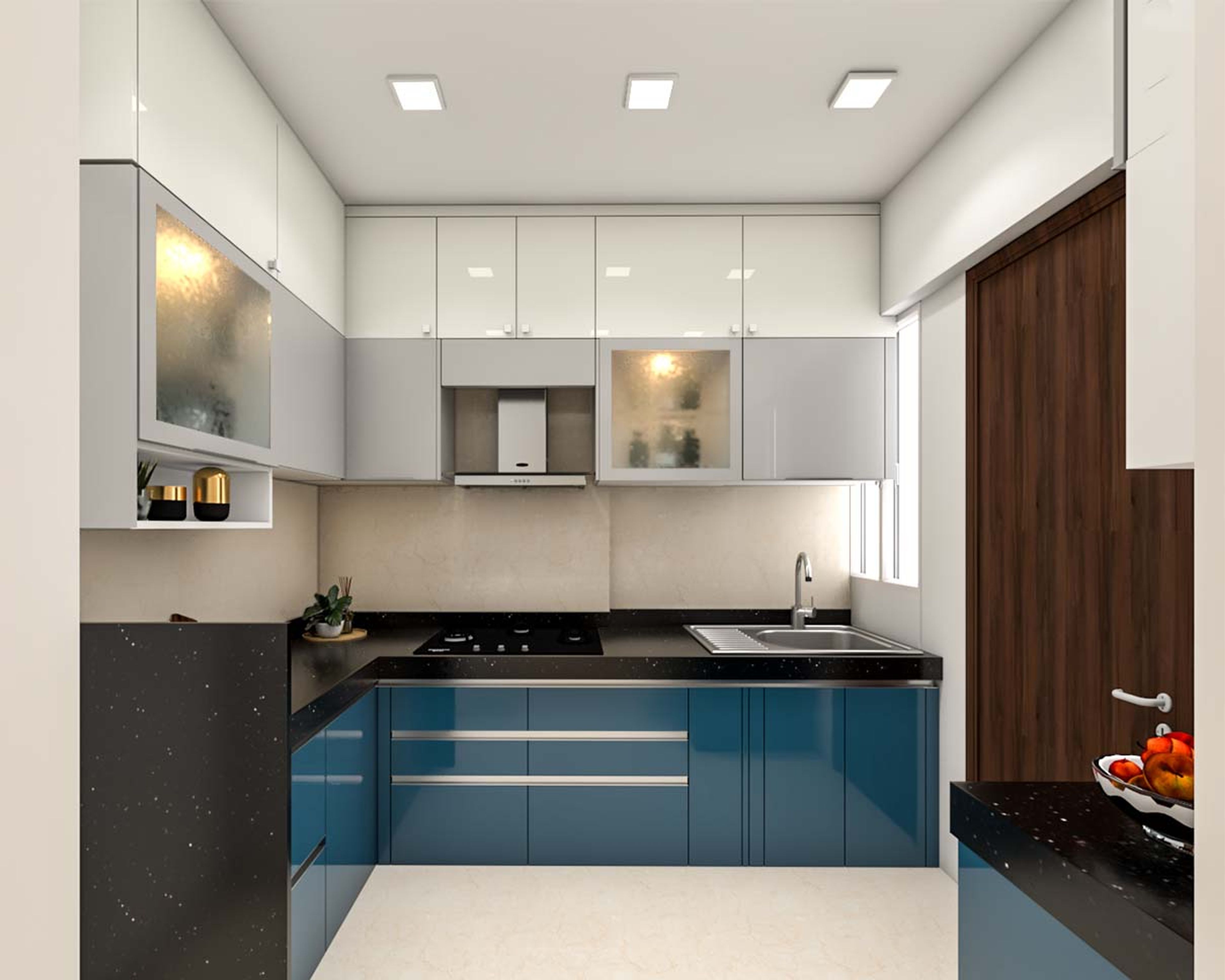 Modern dual tone kitchen with blue and white high gloss laminate and black quartz countertop in Bengaluru | Material Depot