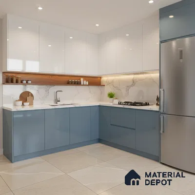 Modern dual tone kitchen with blue and white high gloss laminate, marble backsplash, and beige marble floor tile in Bengaluru