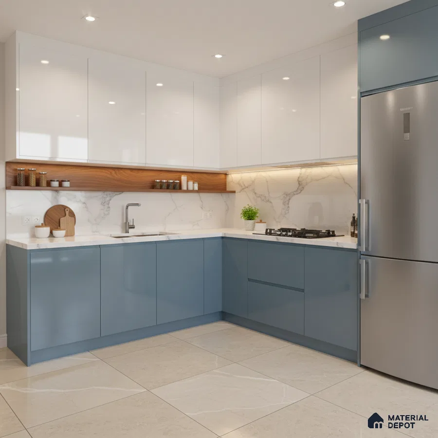 Modern dual tone kitchen with blue and white high gloss laminate, marble backsplash, and beige marble floor tile in Bengaluru