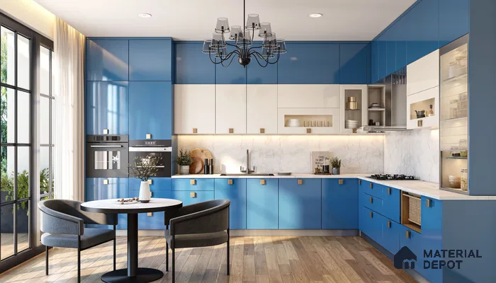 Modern dual tone kitchen with blue and white high gloss laminate, marble backsplash, and wooden flooring in Bengaluru | Material Depot