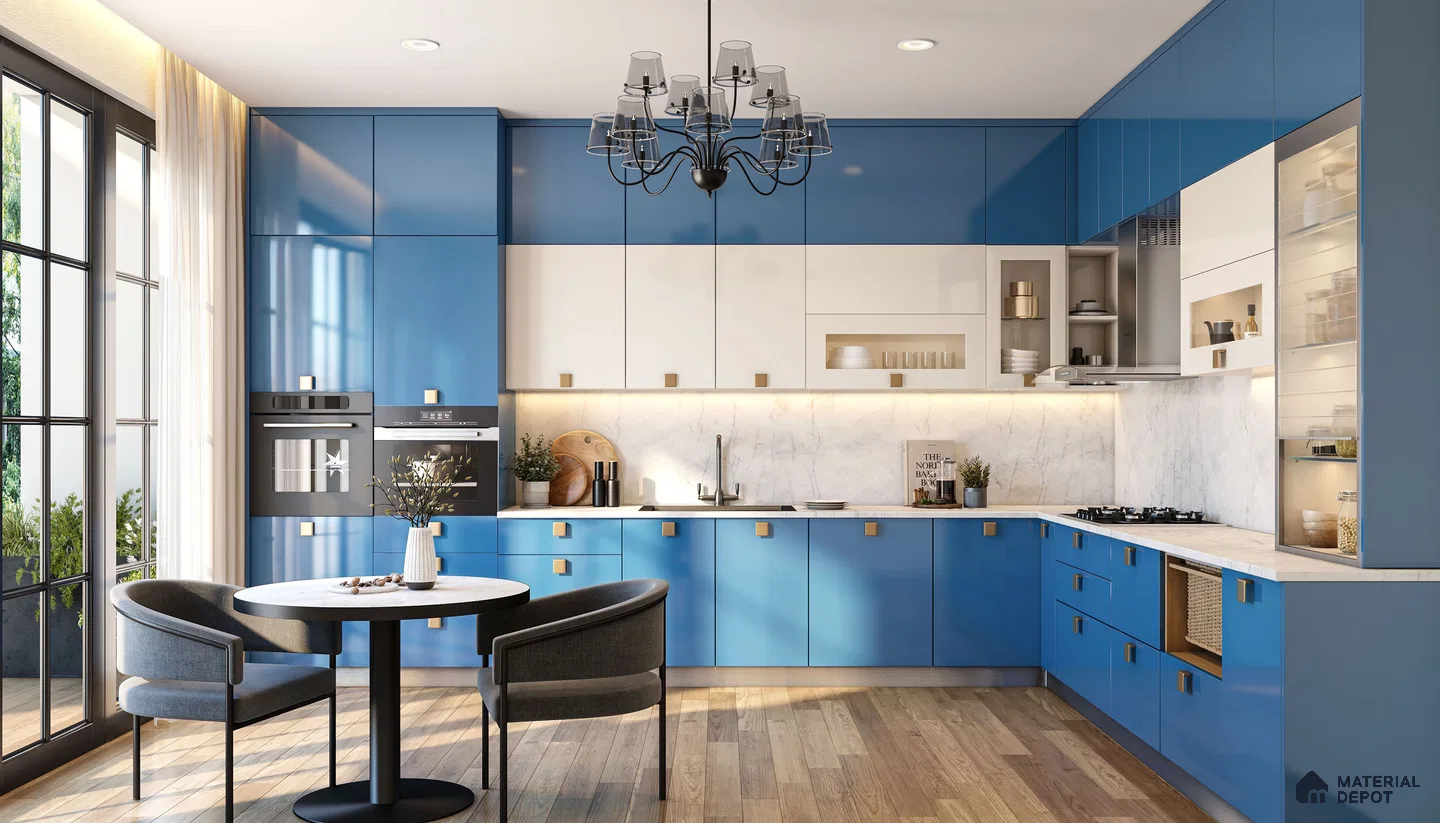 Modern dual tone kitchen with blue and white high gloss laminate, marble backsplash, and wooden flooring in Bengaluru | Material Depot