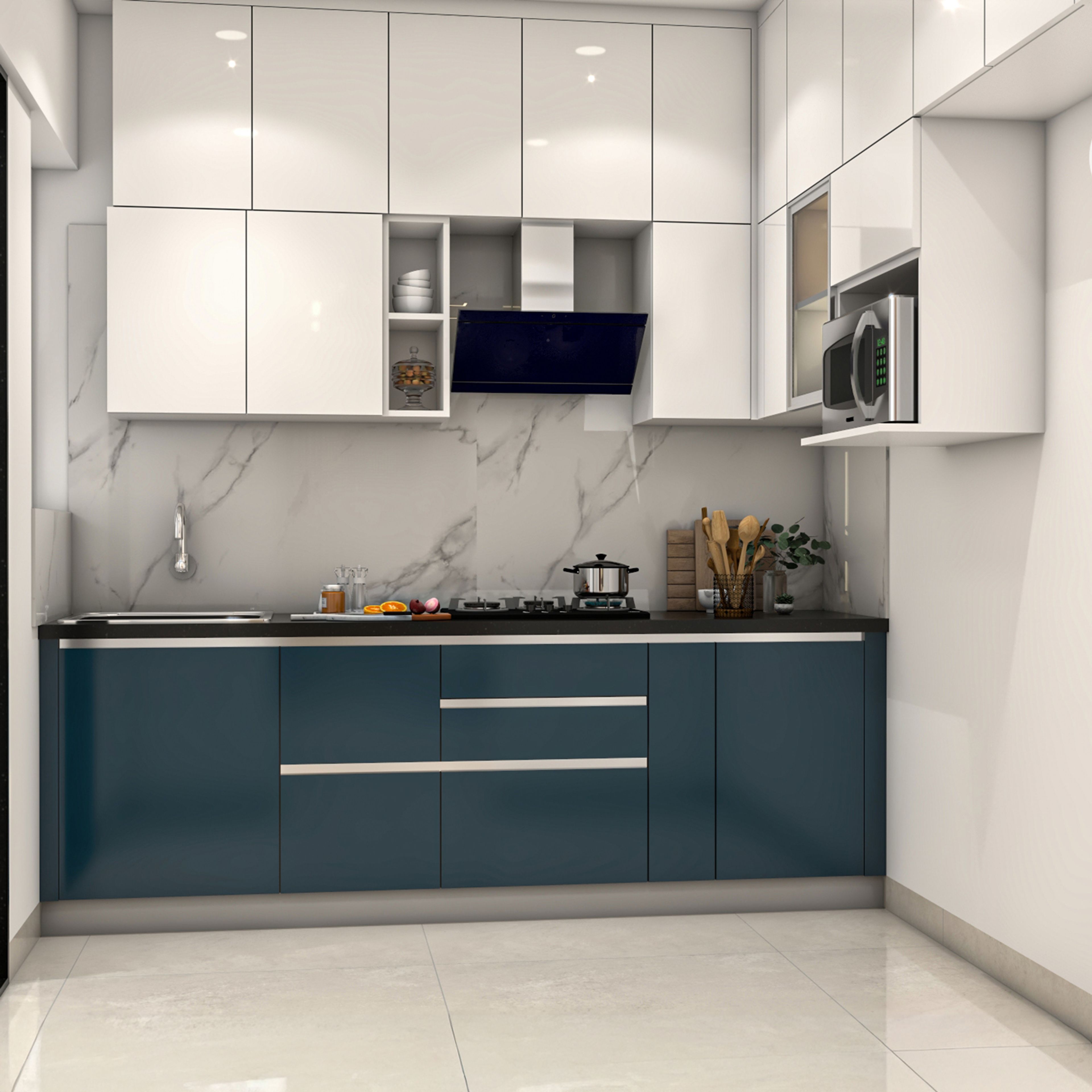 Modern dual tone kitchen with blue and white high gloss laminate, marble-look backsplash, and black countertop in Bengaluru | Material Depot