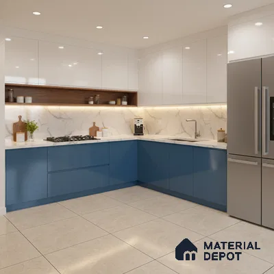 Modern dual tone kitchen with blue and white high gloss laminate, marble-look backsplash, and white quartz countertop in Bengaluru