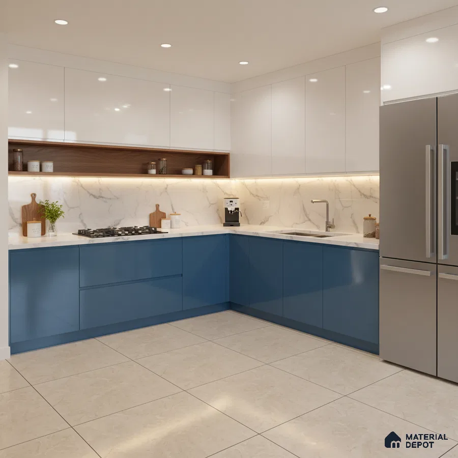 Modern dual tone kitchen with blue and white high gloss laminate, marble-look backsplash, and white quartz countertop in Bengaluru