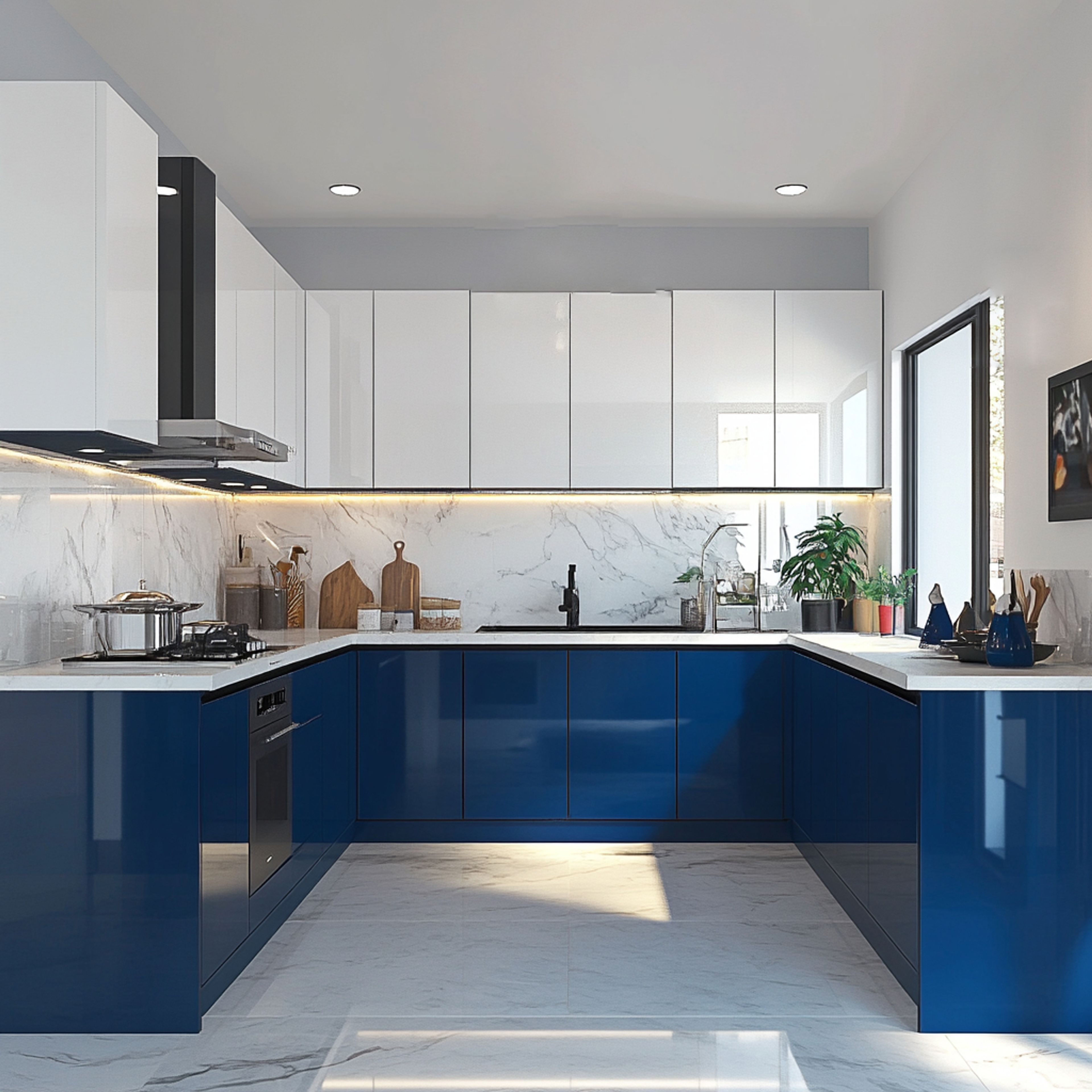 Modern dual tone kitchen with blue and white high gloss laminate, white marble backsplash, and marble floor tiles in Bengaluru | Material Depot