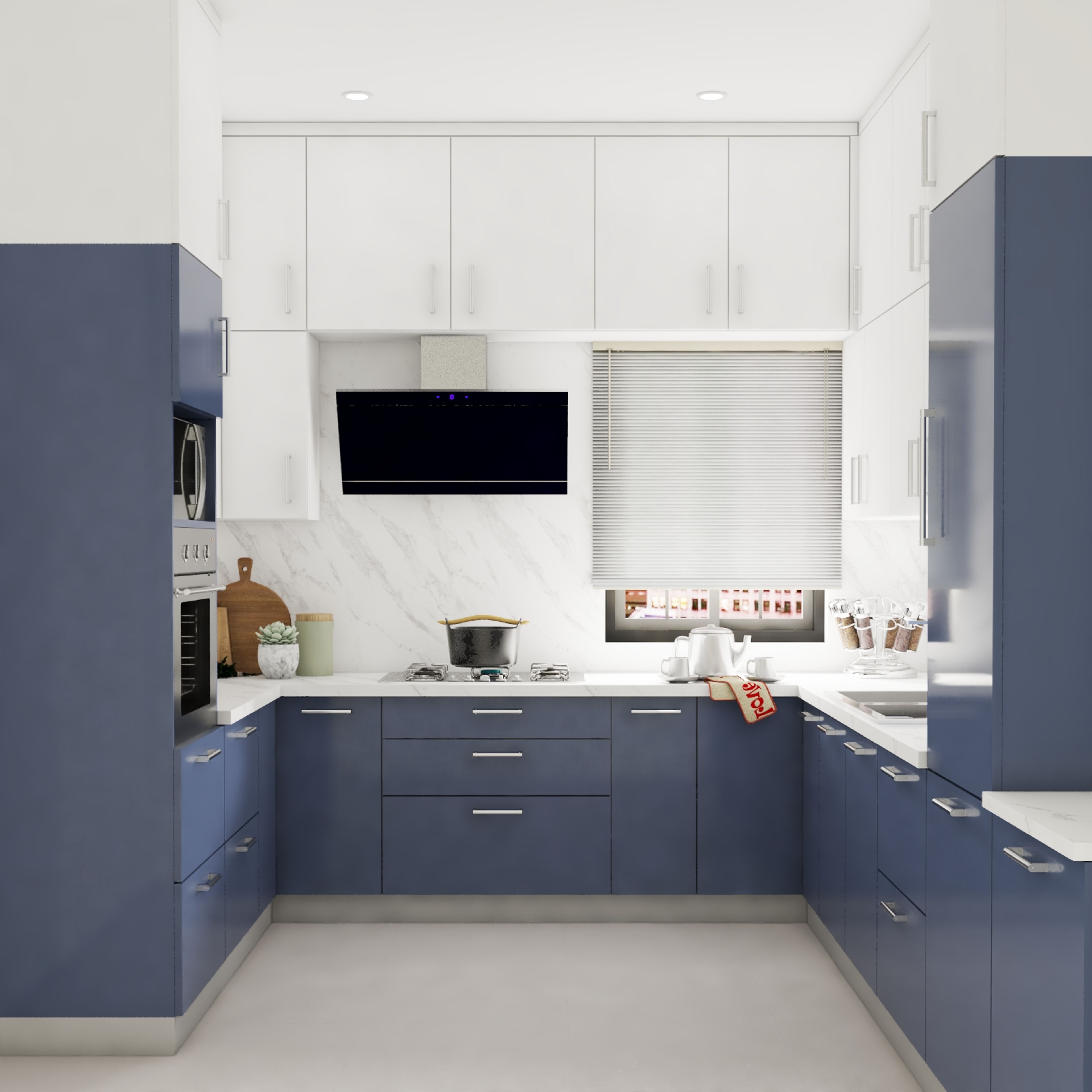 Modern dual tone kitchen with blue and white laminate cabinets and white marble backsplash in Bengaluru | Material Depot