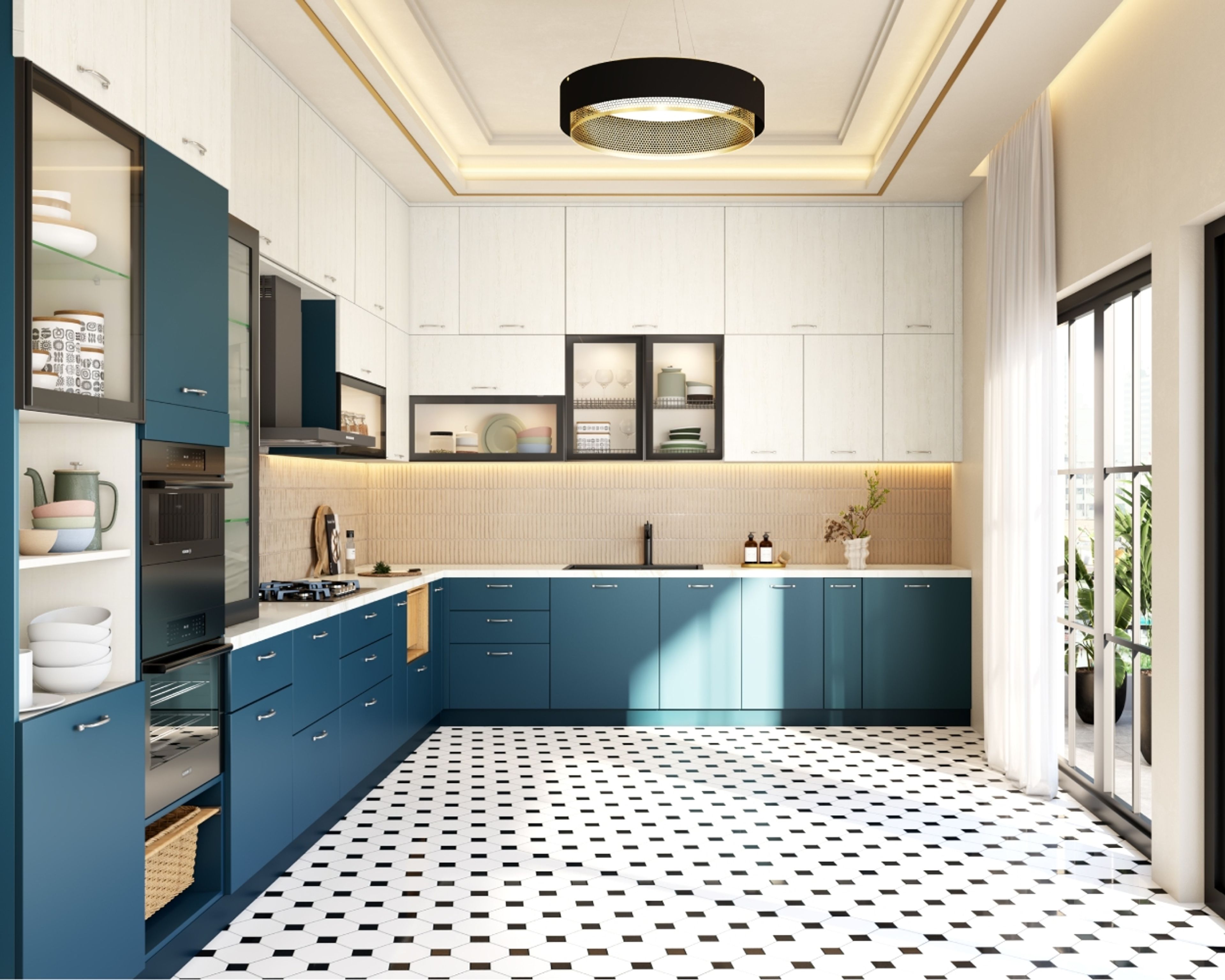 Modern dual tone kitchen with blue and white laminate cabinets, white quartz countertop, and geometric black-and-white floor tiles in Bengaluru | Material Depot