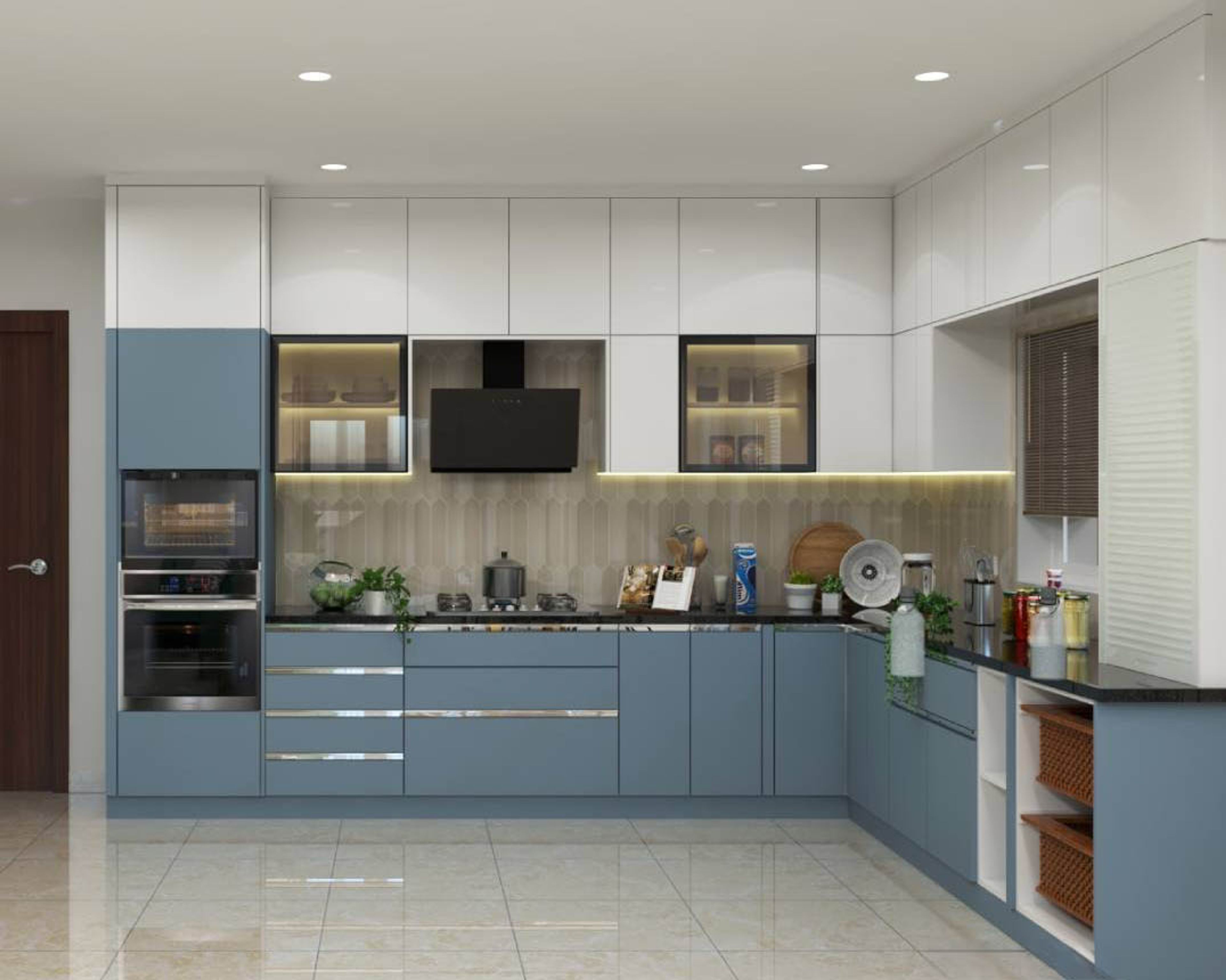 Modern dual tone kitchen with blue and white laminate, geometric beige backsplash tile, and glossy floor tile in Bengaluru | Material Depot