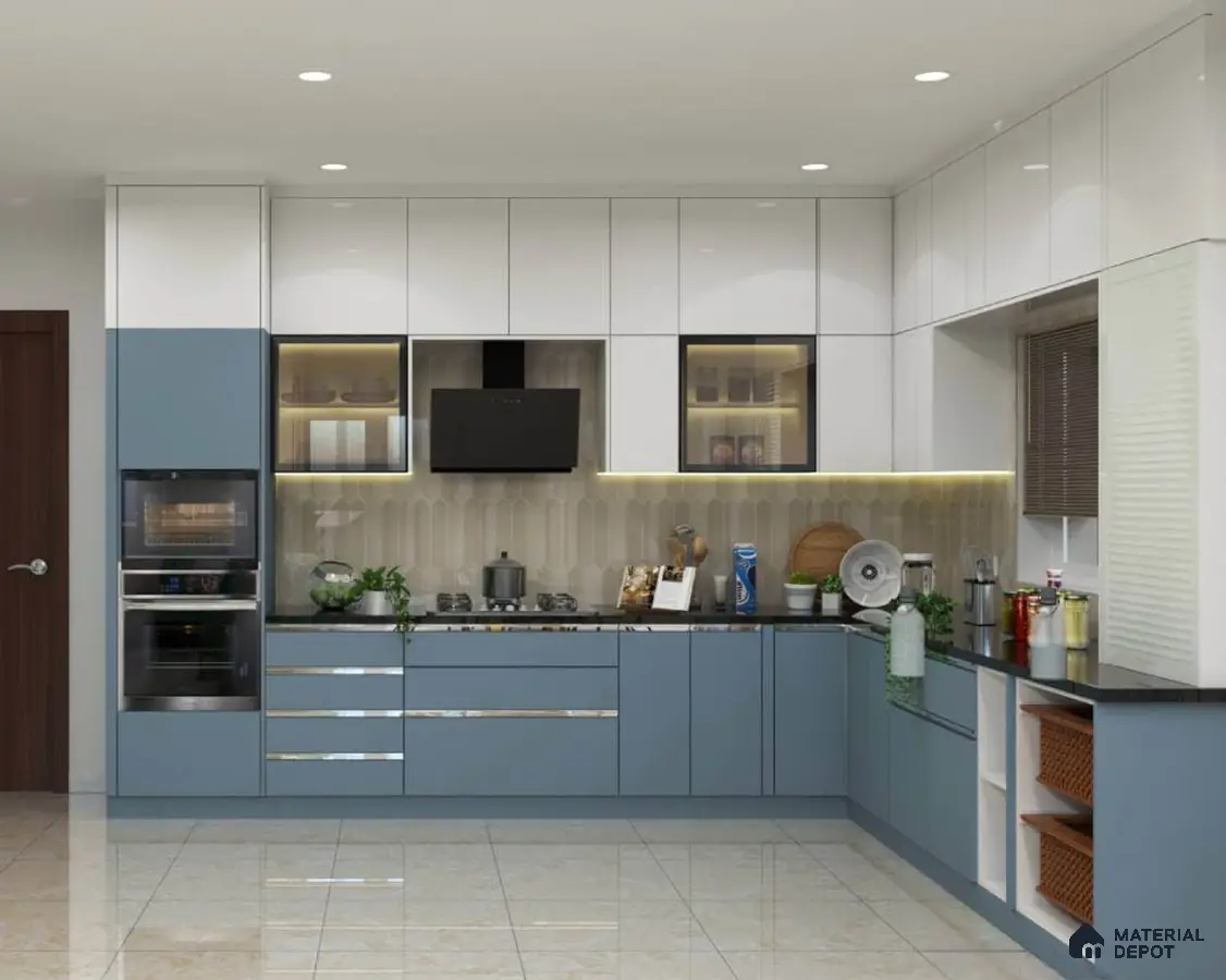 Modern dual tone kitchen with blue and white laminate, geometric beige backsplash tile, and glossy floor tile in Bengaluru | Material Depot