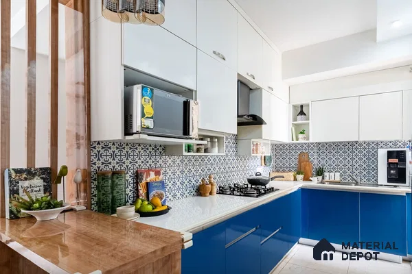 Modern dual tone kitchen with blue and white laminate, white quartz countertop, and blue patterned backsplash tiles in Bengaluru | Material Depot