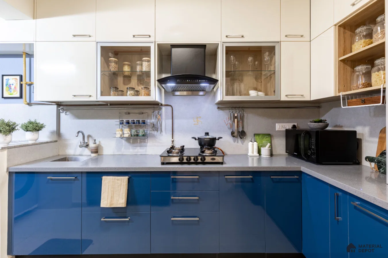 Modern dual tone kitchen with blue high gloss laminate, frosty white laminate, and grey quartz countertop in Bengaluru | Material Depot