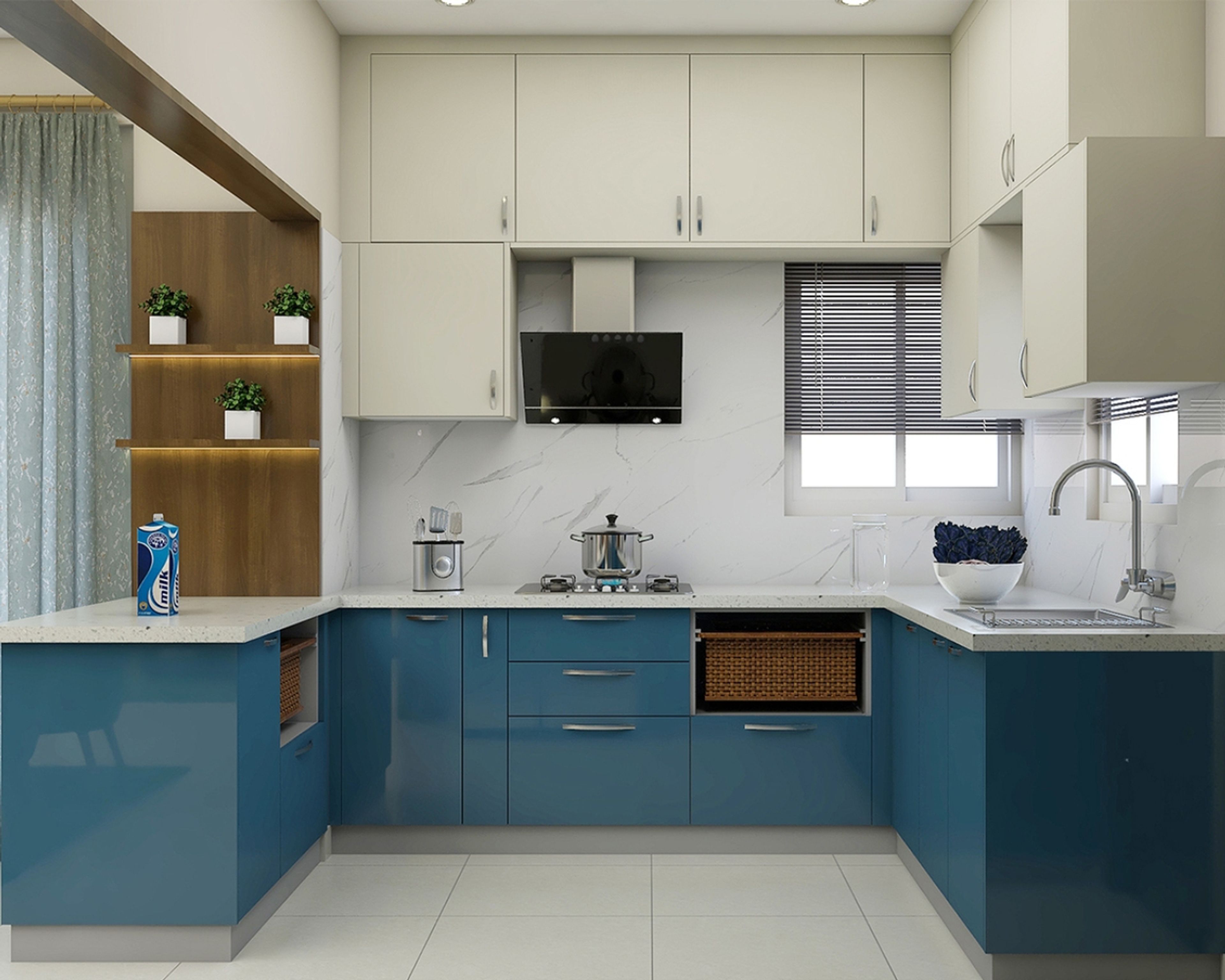 Modern dual tone kitchen with blue high gloss laminate, frosty white laminate, and white quartz countertop in Bengaluru | Material Depot