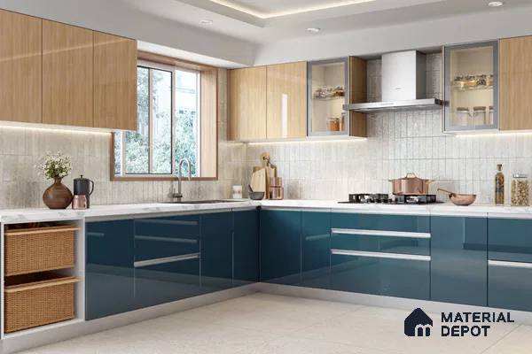 Modern dual tone kitchen with blue high gloss laminate, light oak wood laminate, and marble-look quartz countertop in Bengaluru | Material Depot
