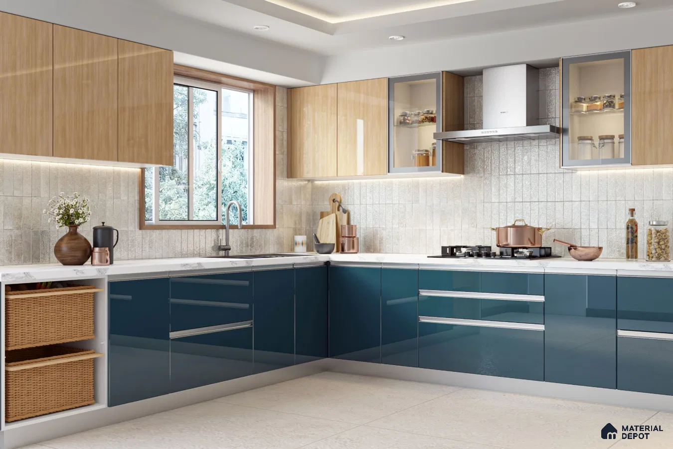 Modern dual tone kitchen with blue high gloss laminate, light oak wood laminate, and marble-look quartz countertop in Bengaluru | Material Depot