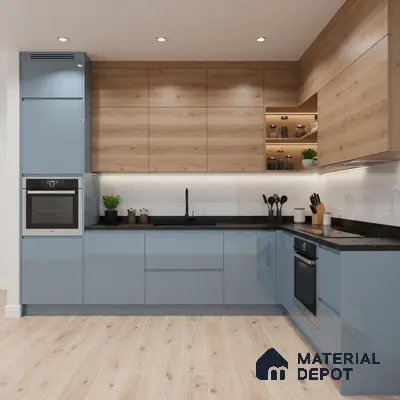 Modern dual tone kitchen with blue high gloss laminate, natural oak wood laminate, and black quartz countertop in Bengaluru