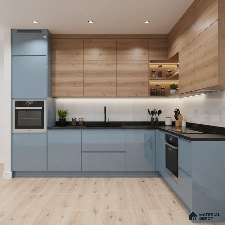 Modern dual tone kitchen with blue high gloss laminate, natural oak wood laminate, and black quartz countertop in Bengaluru