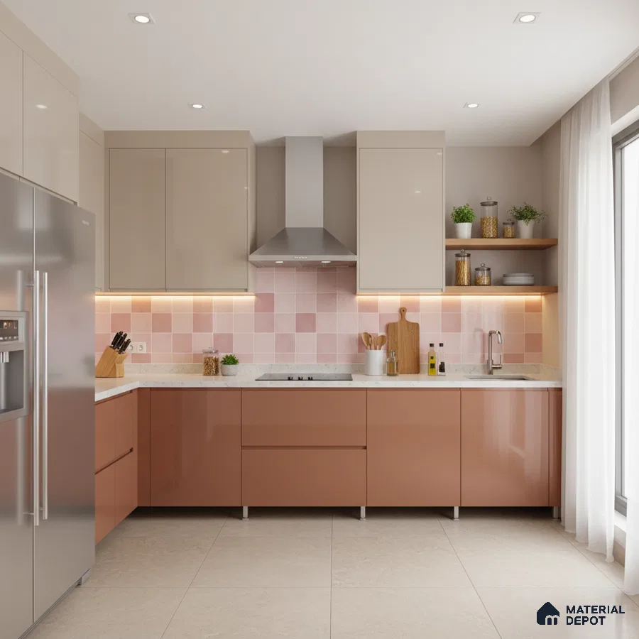 Modern dual tone kitchen with blush pink and beige laminate, pink square backsplash tile, and white quartz countertop in Bengaluru
