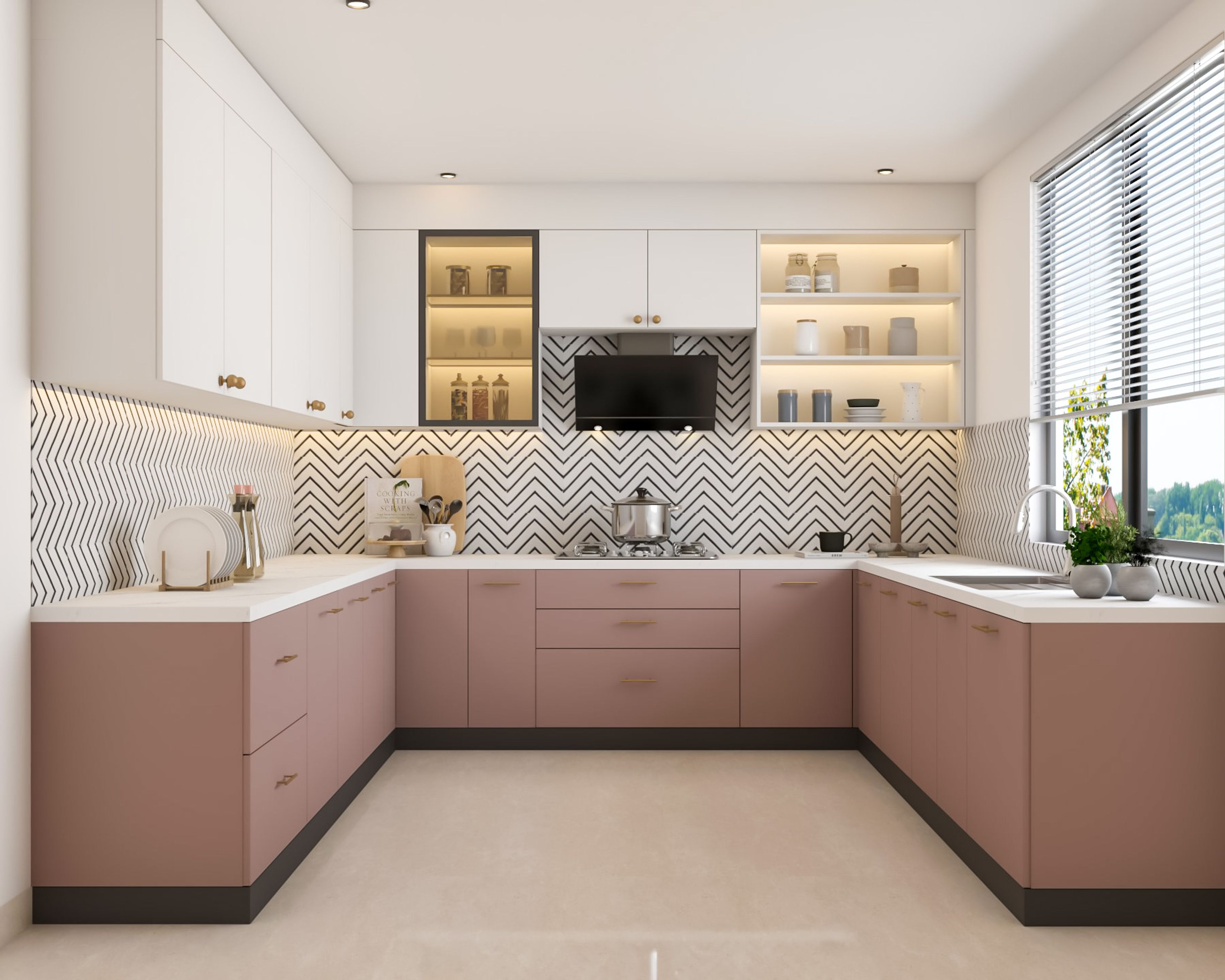 Modern dual tone kitchen with blush pink and frosty white laminate, chevron backsplash tile, and white quartz countertop in Bengaluru | Material Depot