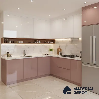 Modern dual tone kitchen with blush pink and frosty white laminate, marble backsplash, and quartz countertop in Bengaluru