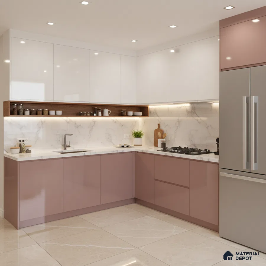 Modern dual tone kitchen with blush pink and frosty white laminate, marble backsplash, and quartz countertop in Bengaluru