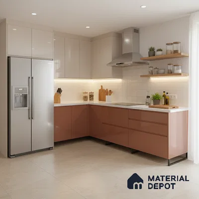 Modern dual tone kitchen with blush pink and frosty white laminate, white quartz countertop, and beige floor tiles in Bengaluru