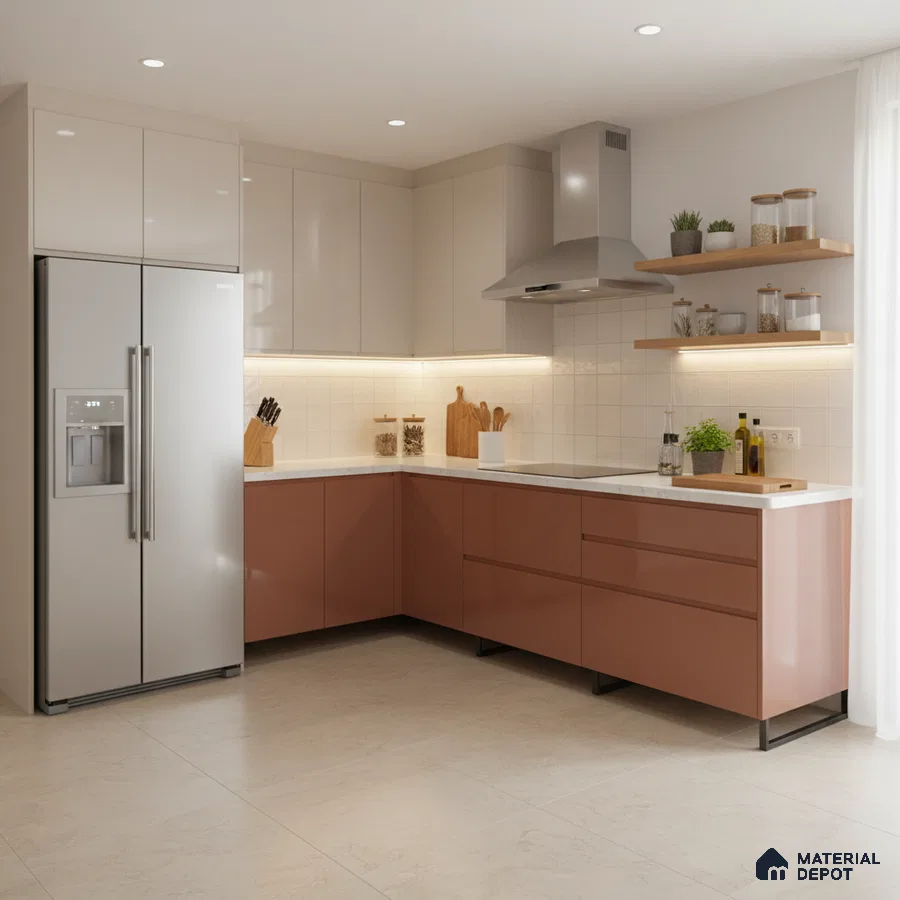 Modern dual tone kitchen with blush pink and frosty white laminate, white quartz countertop, and beige floor tiles in Bengaluru