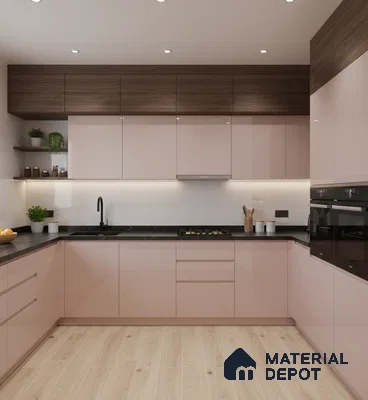 Modern dual tone kitchen with blush pink high gloss laminate and walnut wood laminate cabinets in Bengaluru