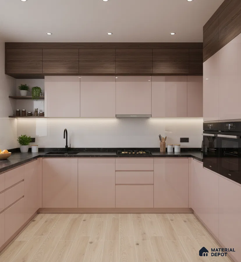Modern dual tone kitchen with blush pink high gloss laminate and walnut wood laminate cabinets in Bengaluru