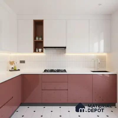 Modern dual tone kitchen with blush pink high gloss laminate, frosty white laminate, and white quartz countertop in Bengaluru