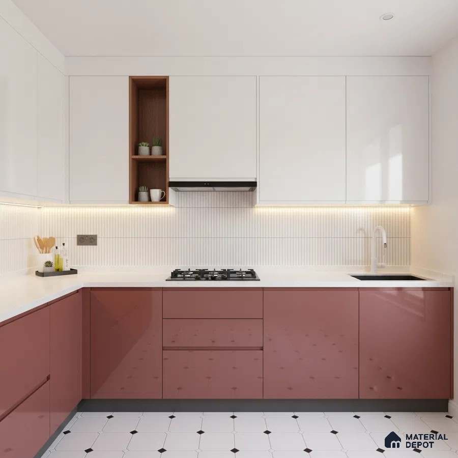 Modern dual tone kitchen with blush pink high gloss laminate, frosty white laminate, and white quartz countertop in Bengaluru