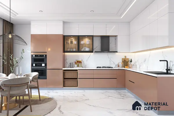 Modern dual tone kitchen with blush pink high gloss laminate, white high gloss laminate, and white marble look tiles in Bengaluru | Material Depot