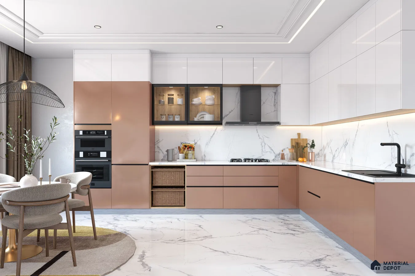 Modern dual tone kitchen with blush pink high gloss laminate, white high gloss laminate, and white marble look tiles in Bengaluru | Material Depot