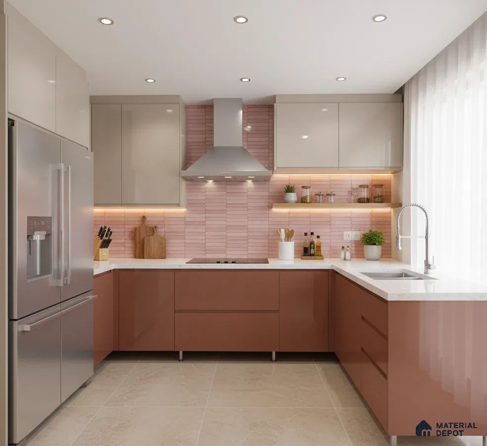 Modern dual tone kitchen with blush pink kitkat backsplash tile and glossy beige and terracotta laminate cabinets in Bengaluru