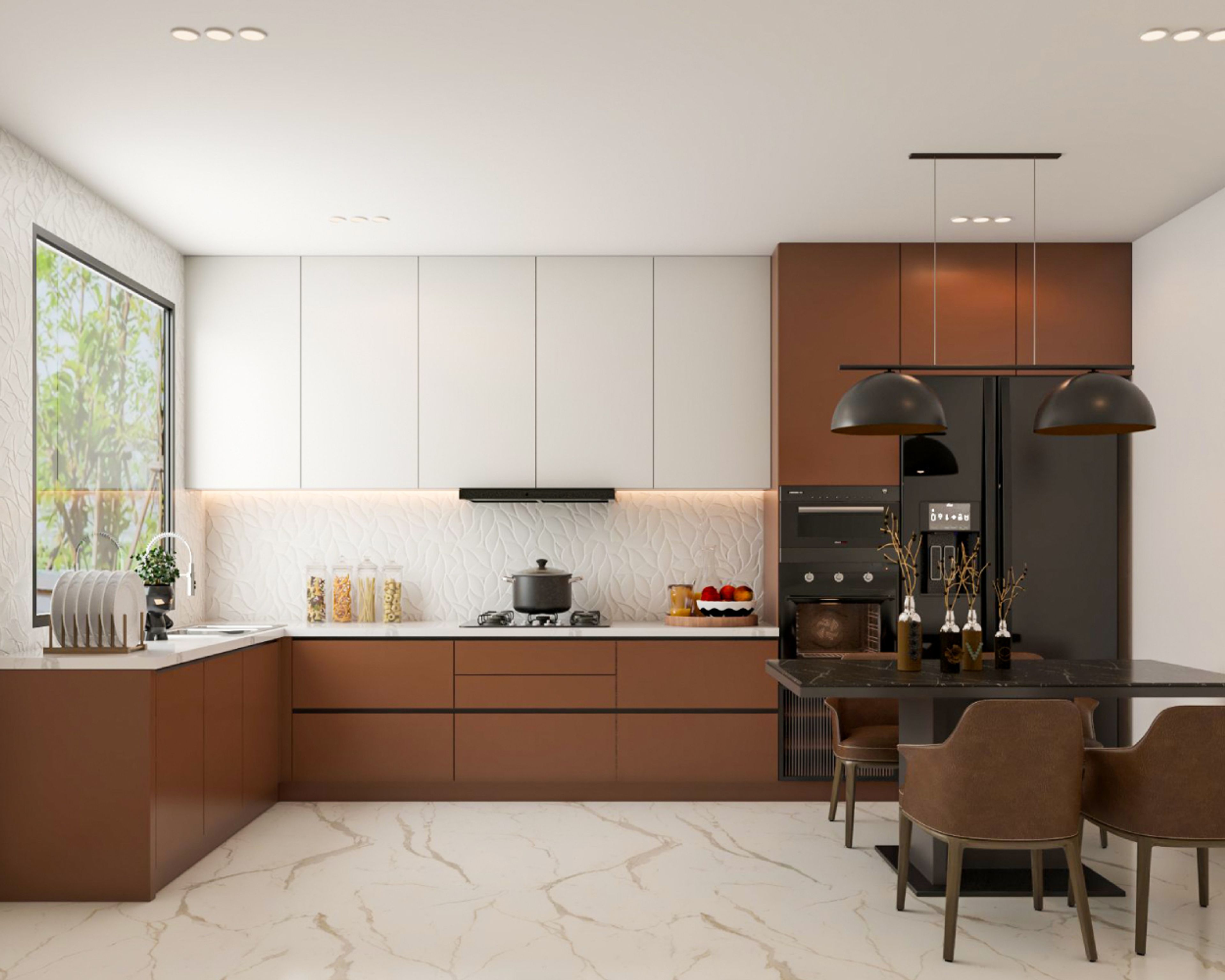 Modern dual tone kitchen with brown and frosty white laminate, white textured backsplash tile, and marble look floor tile in Bengaluru | Material Depot