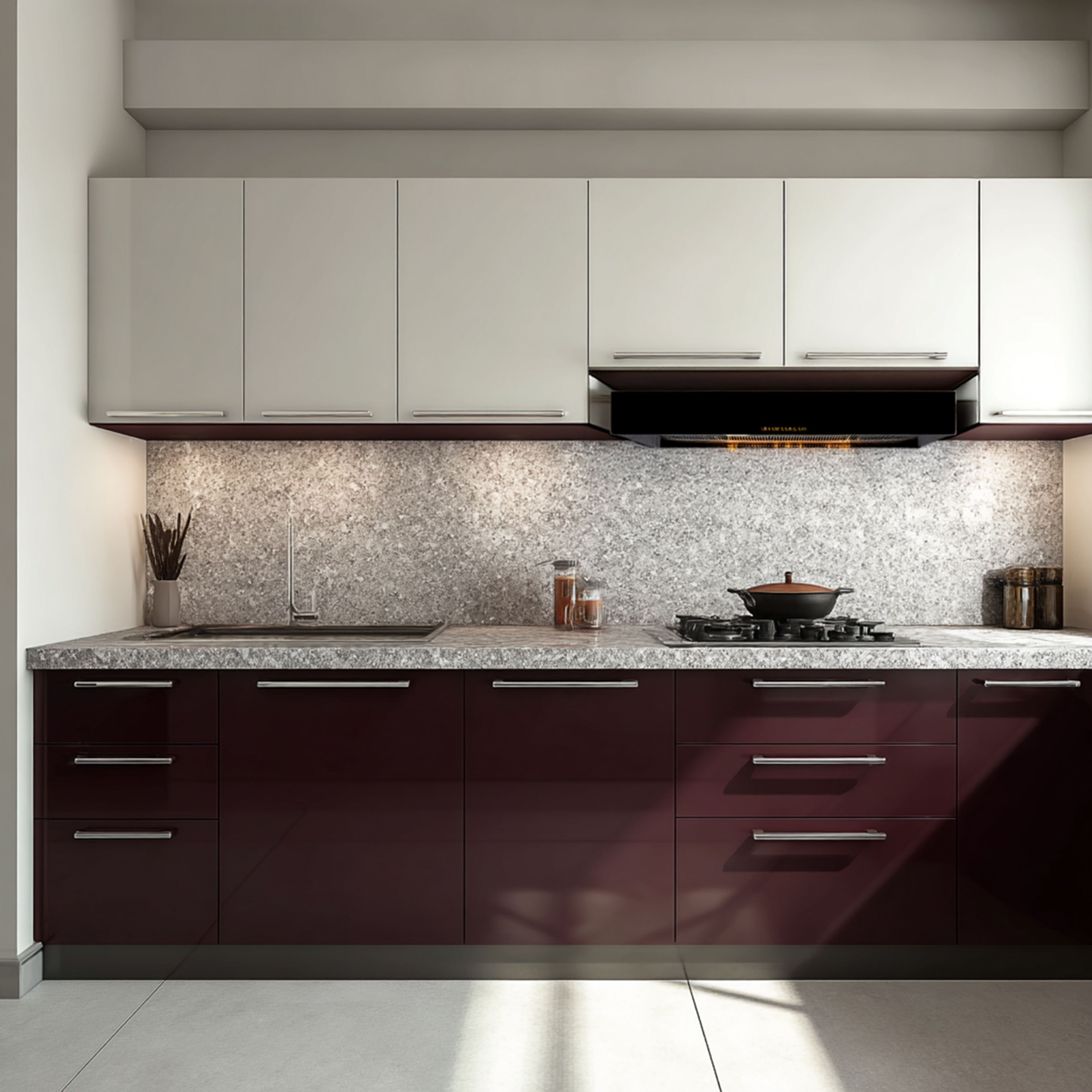 Modern dual tone kitchen with burgundy high gloss laminate, frosty white laminate, and grey granite backsplash in Bengaluru | Material Depot