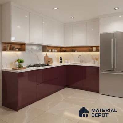 Modern dual tone kitchen with burgundy high gloss laminate, frosty white laminate, and marble-look backsplash in Bengaluru